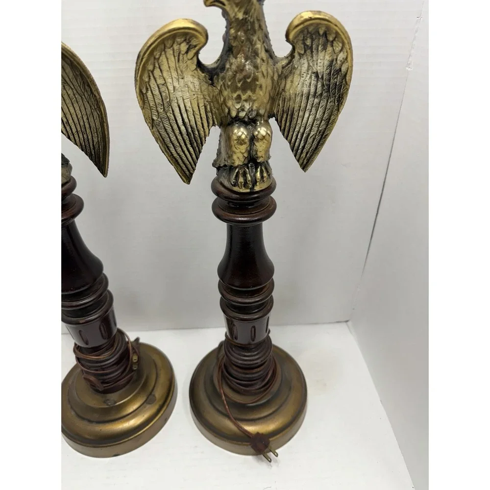 Vintage Set Federal Bald Eagle Table Lamps Wood Metal Patriotic 32 In Americana